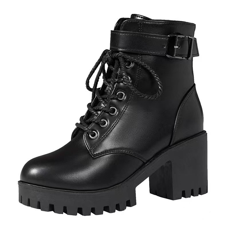 Playful Lace-Up Round Toe Buckle Boots for Women
