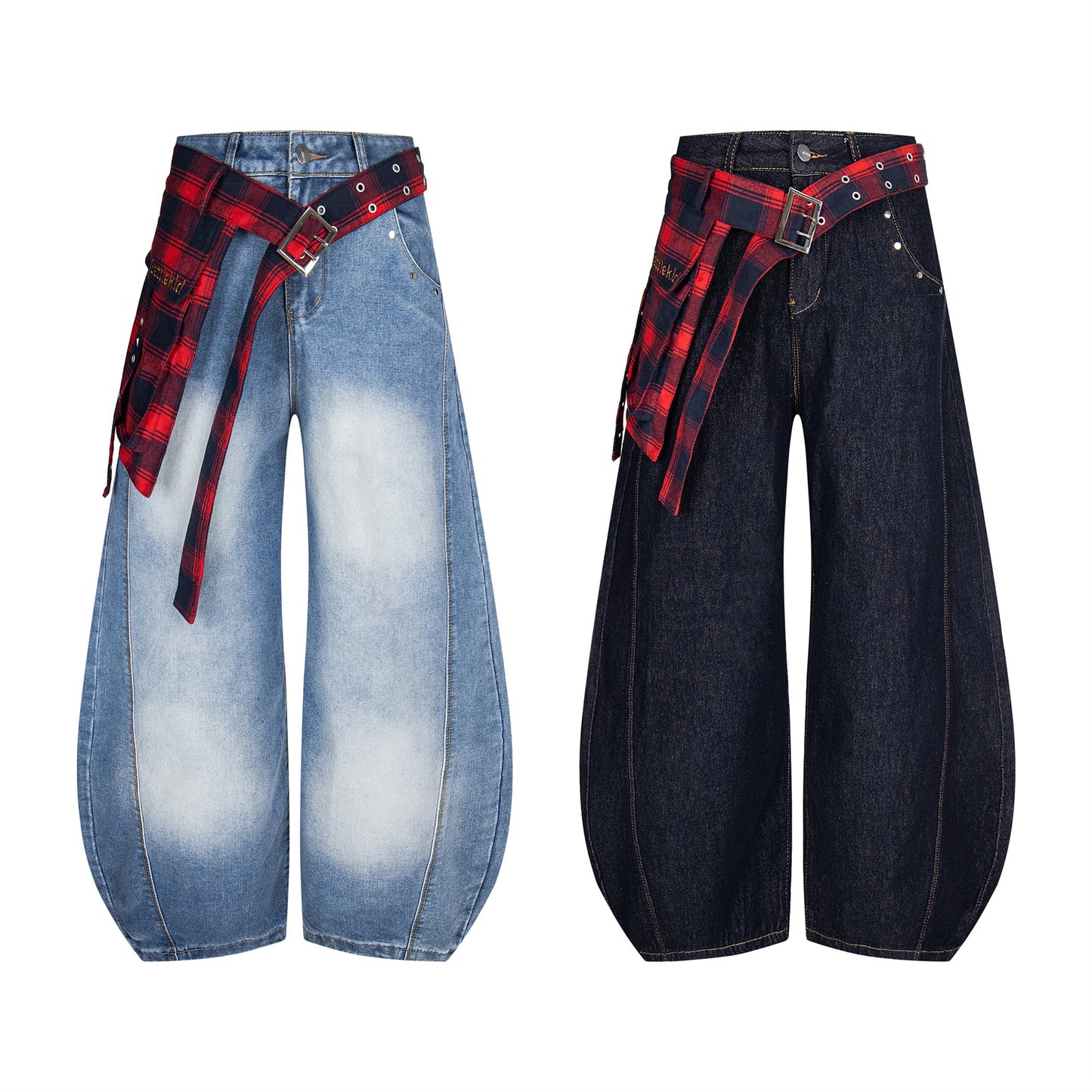 Checkered Patchwork Denim Wide Leg Pants