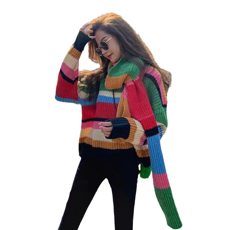 Rainbow Knitted Sweater & Scarf - Harajuku Style