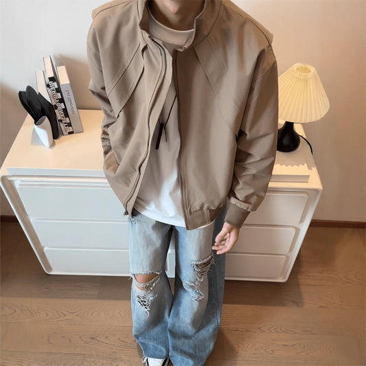 Deconstructed Patchwork Short Coat for Men - Stand-Up Collar Flight Jacket - Outdoor Three-Proof Cargo Jacket