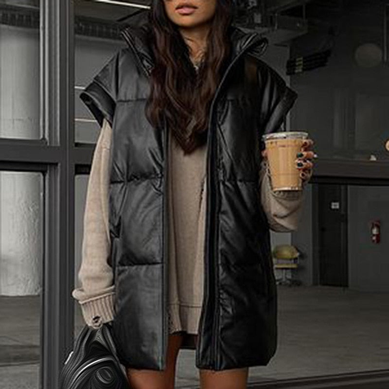 Elegant Faux Leather Stand Collar Vest for Women