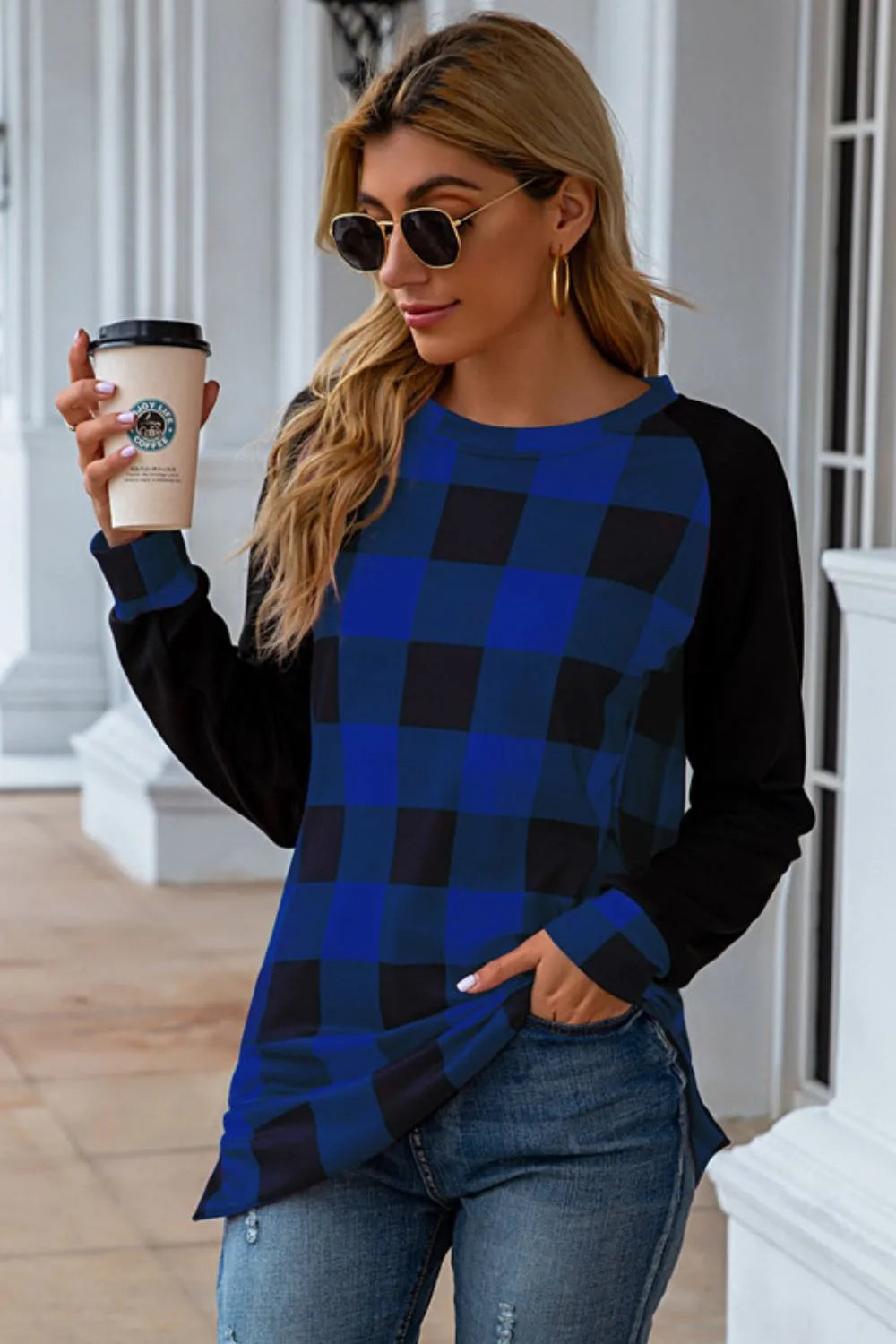 Harajuku Plaid Round Neck Long Sleeve T-Shirt