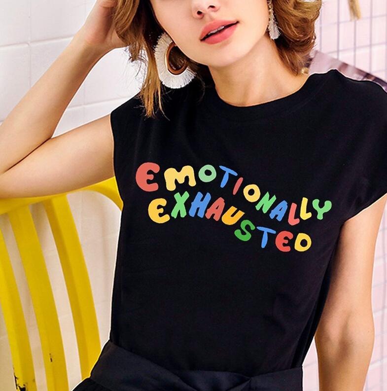 Emotionally Exhausted Colorful Printed Unisex T-Shirt - Tumblr Grunge Black Tee for Cute Summer Street Casual Wear