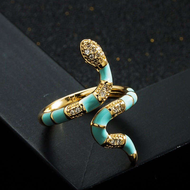 Harajuku Style Copper Gold Plated Zircon Drip Oil Snake Ring