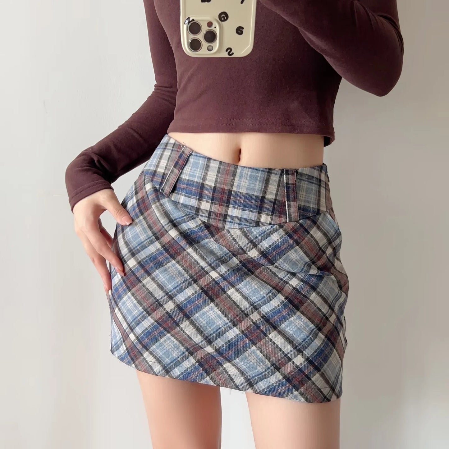 Plaid Mini A-line Skirt with High Elasticity in Sweet and Spicy Style