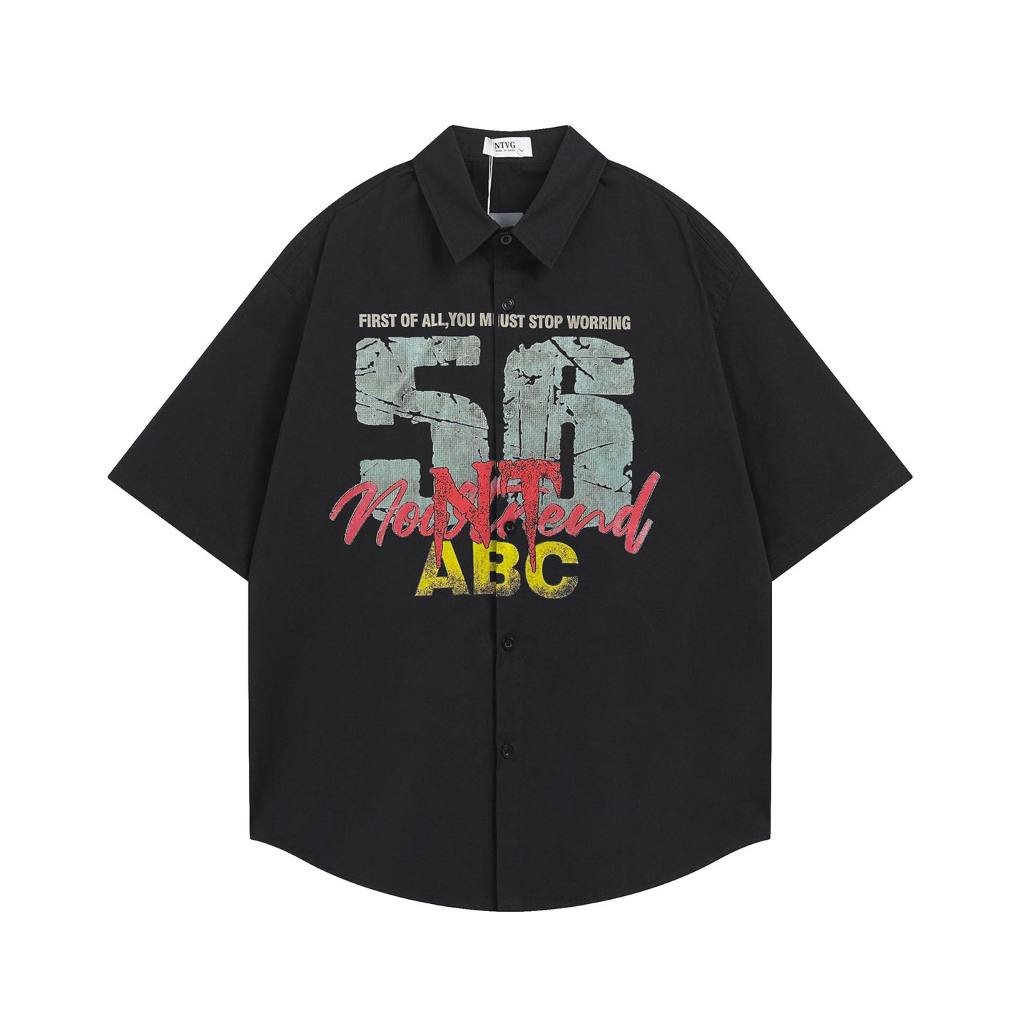 Retro Letter Print Cotton Short Sleeve Shirt