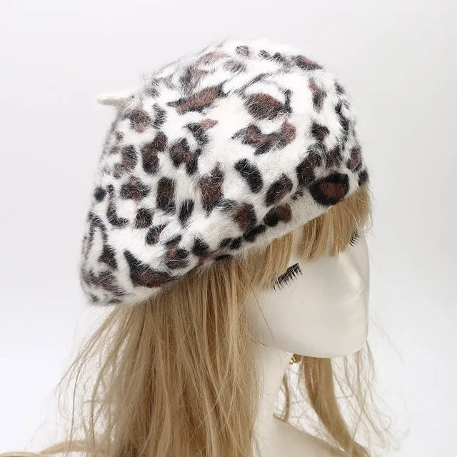 Leopard Print Rabbit Fur Beret - Playful Harajuku Hat