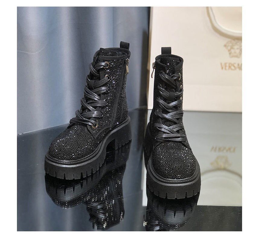 Gold Harajuku Style Rhinestone Boots - Thick Bottom Design