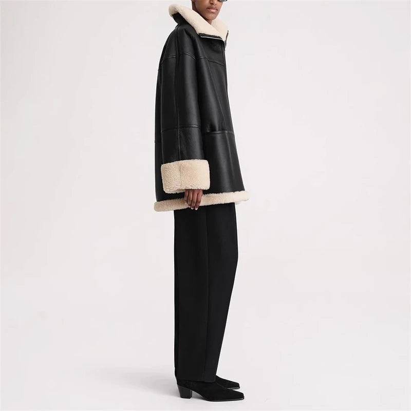 Playful Cashmere Collar Leather Jacket for Women