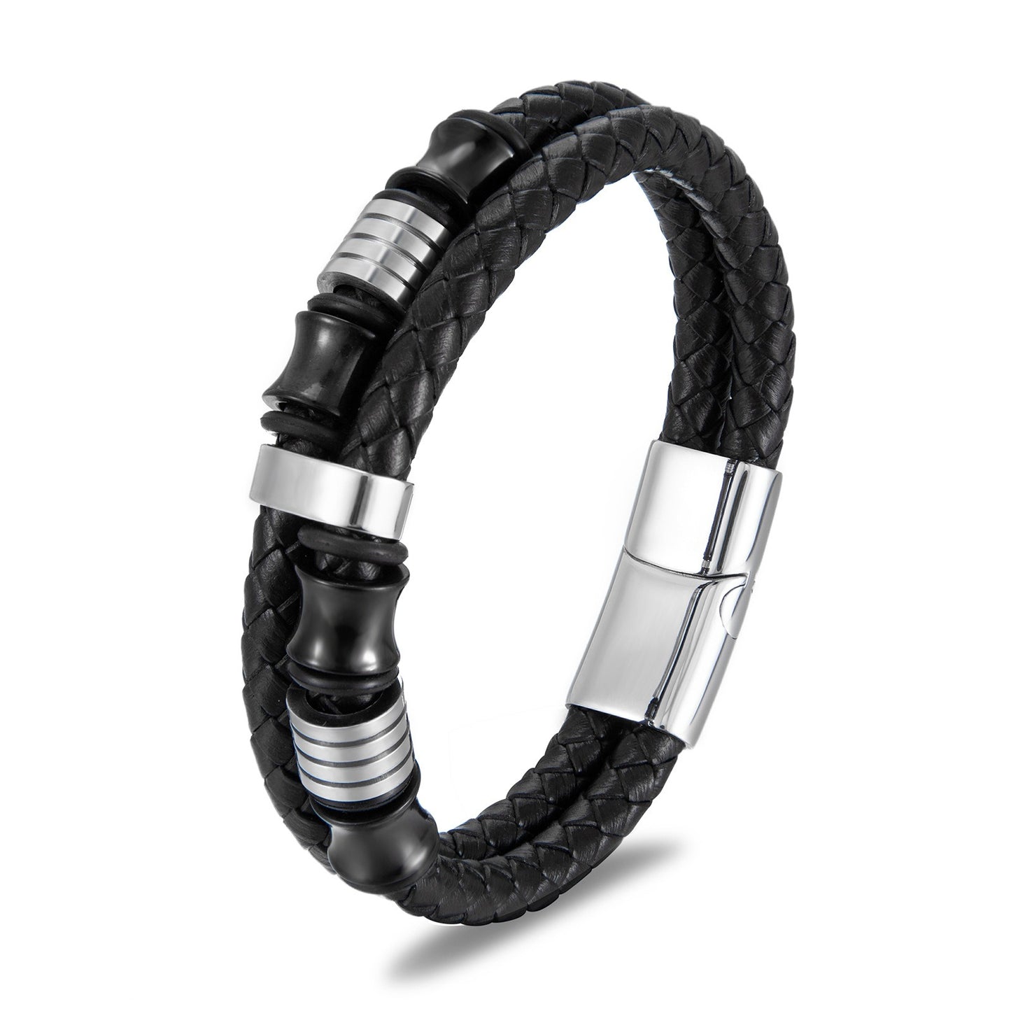 Bold Black Leather & Stainless Steel Men's Bracelet