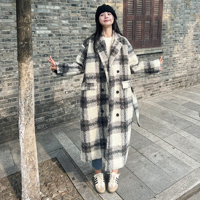 Korean Retro Plaid Woolen Coat for Women