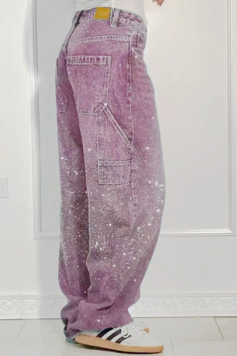 Plus Size Washed Rhinestone Detail Wide Leg Jeans