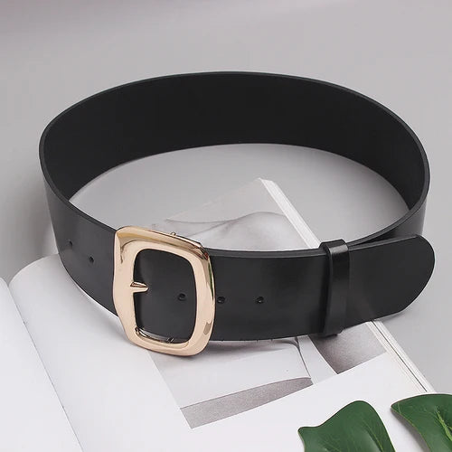 Luxury Wide Cowhide Waist Belt for Women - Black Adjustable Corset