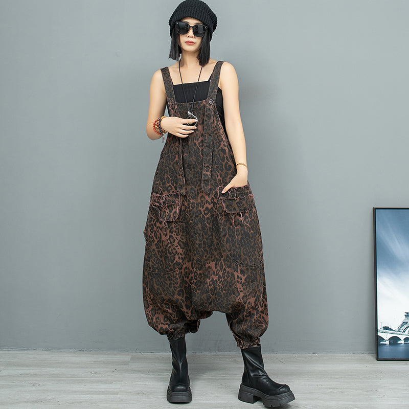 Personalized Stylish Leopard Print Denim Overalls for Women