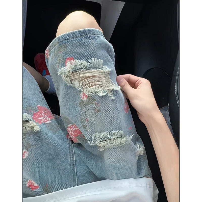 Men's Floral Print Ripped Denim Shorts