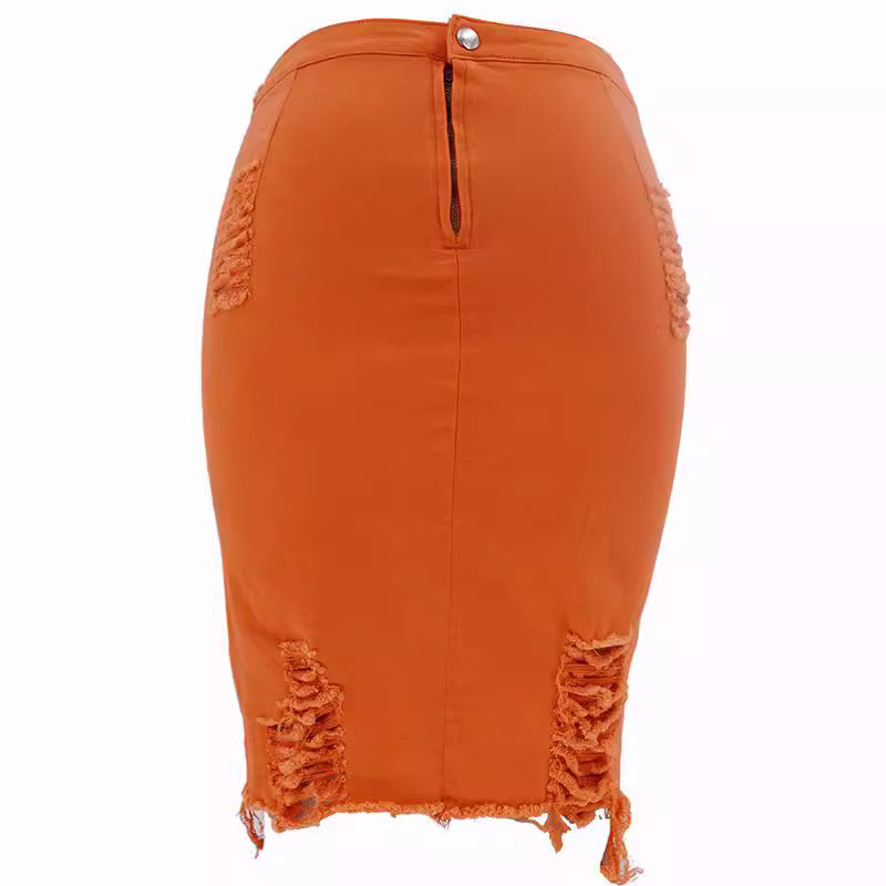Harajuku Style Perforated Hip Hugging Denim Skirt