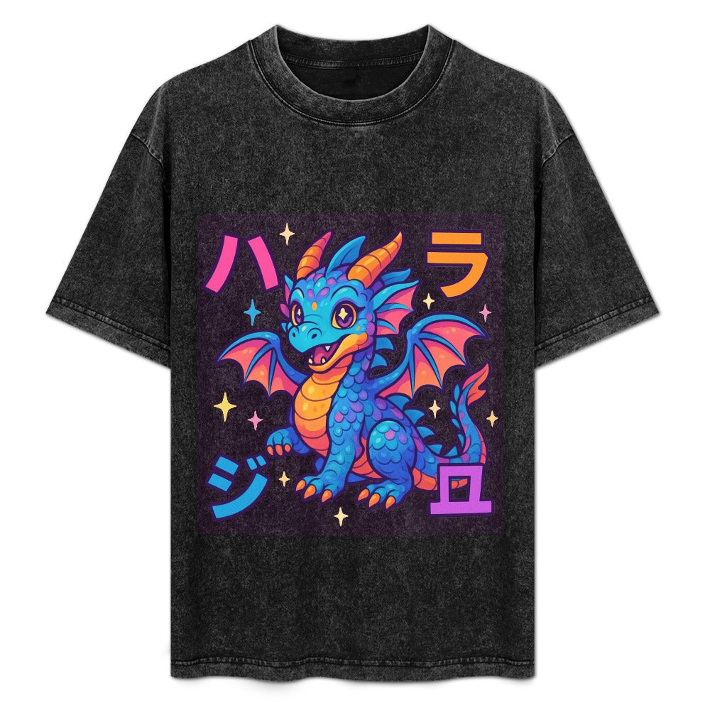 Harajuku Kawaii Dragon Vintage Wash Off Shoulder T-Shirt