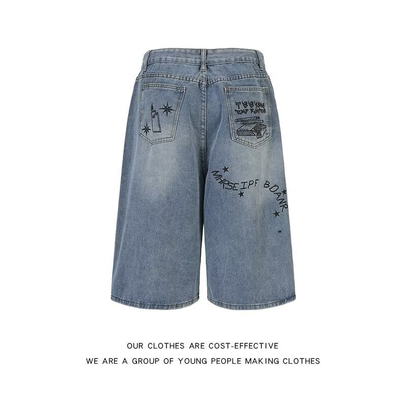 Graffiti Printed Denim Loose Retro Cropped Pants