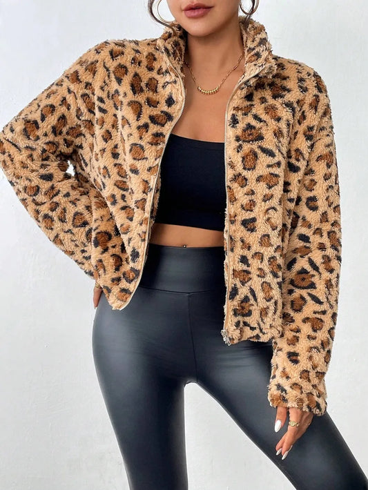 Turtleneck Leopard Zip Up Jacket