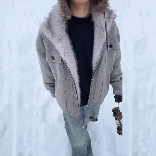 Clean Fit Men's Woolen Coat with Fur Collar - Warm Thick Knitted Fleece-Lined Jacket