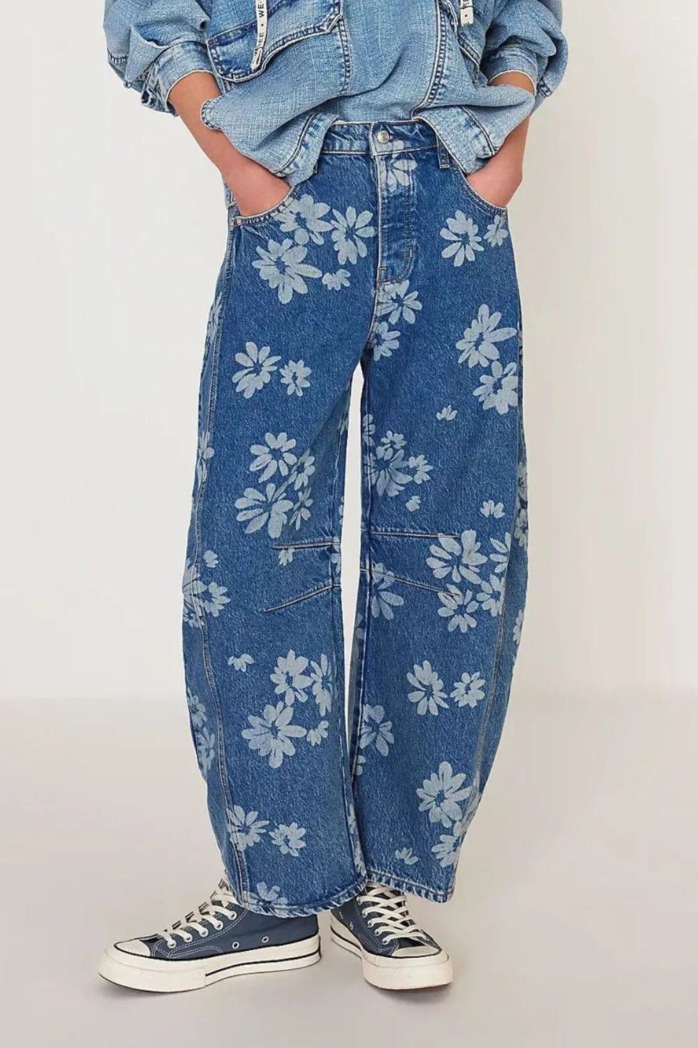 Flower Print Wide Leg Jeans for Harajuku Style