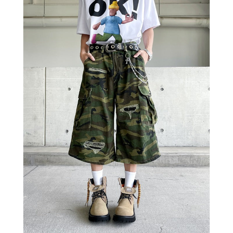 Camouflage Ripped Workwear Denim Cropped Pants