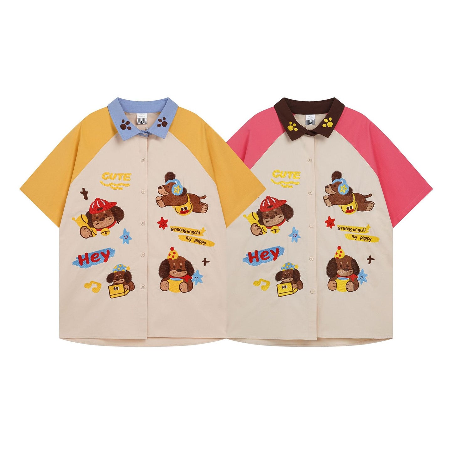 Retro Fun Dog Embroidery Short Sleeve Shirt