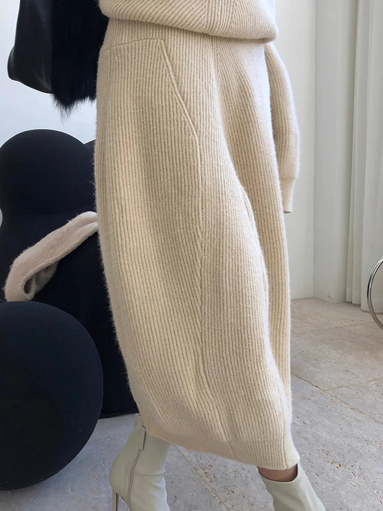 High Elastic Waist Apricot Irregular Knitting Skirt