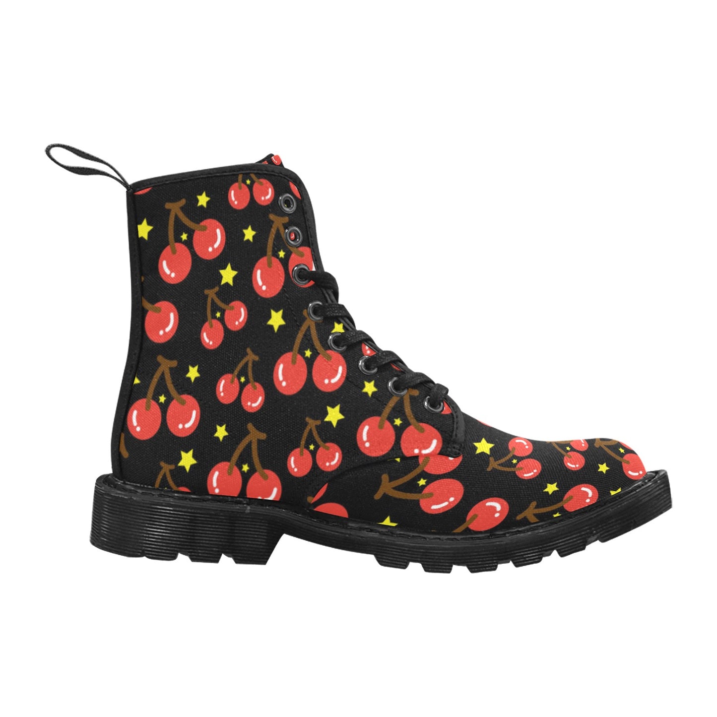 Cherries on Black Background Women's Lace Up Canvas Boots