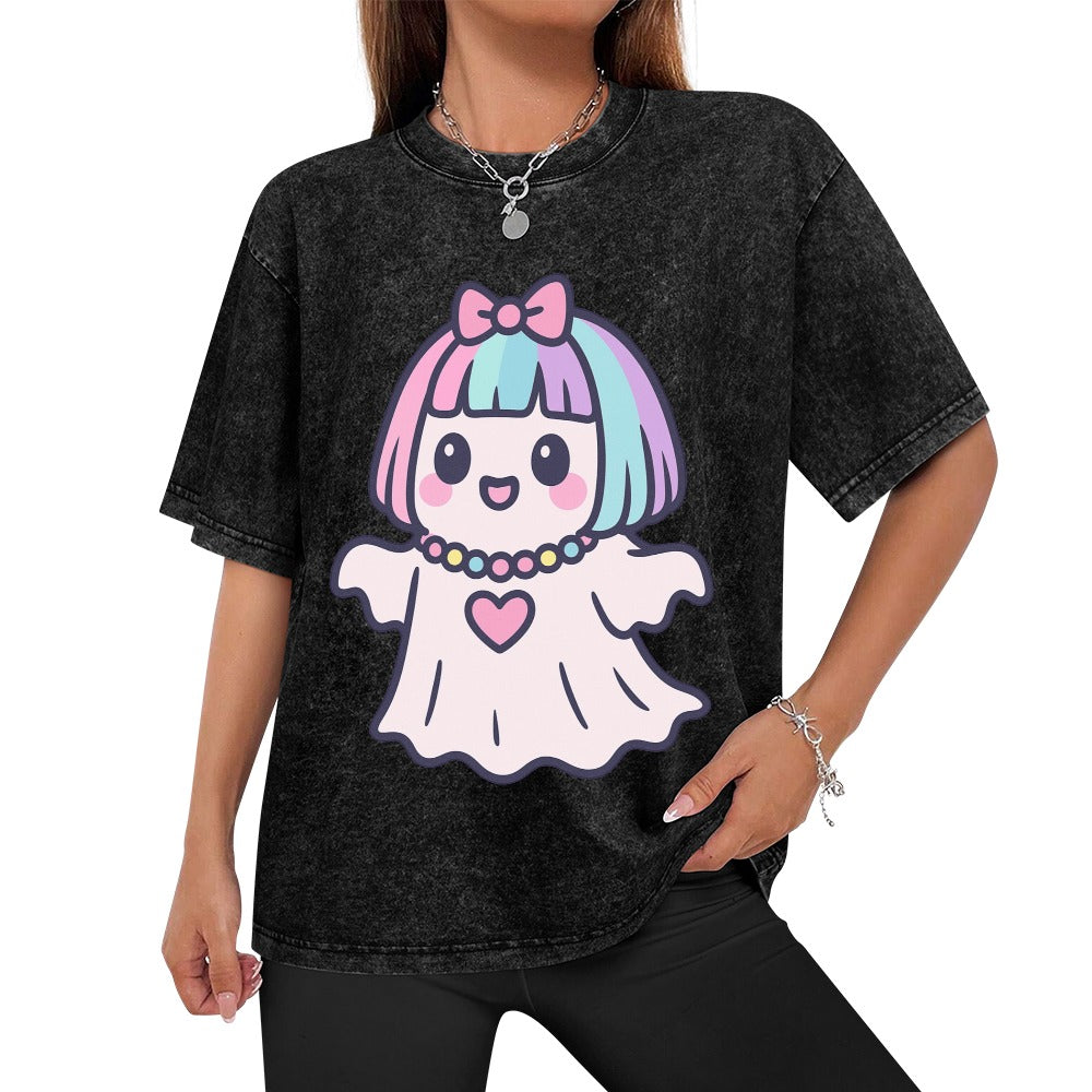 Kawaii Harajuku Ghost Vintage Wash Off Shoulder Tee