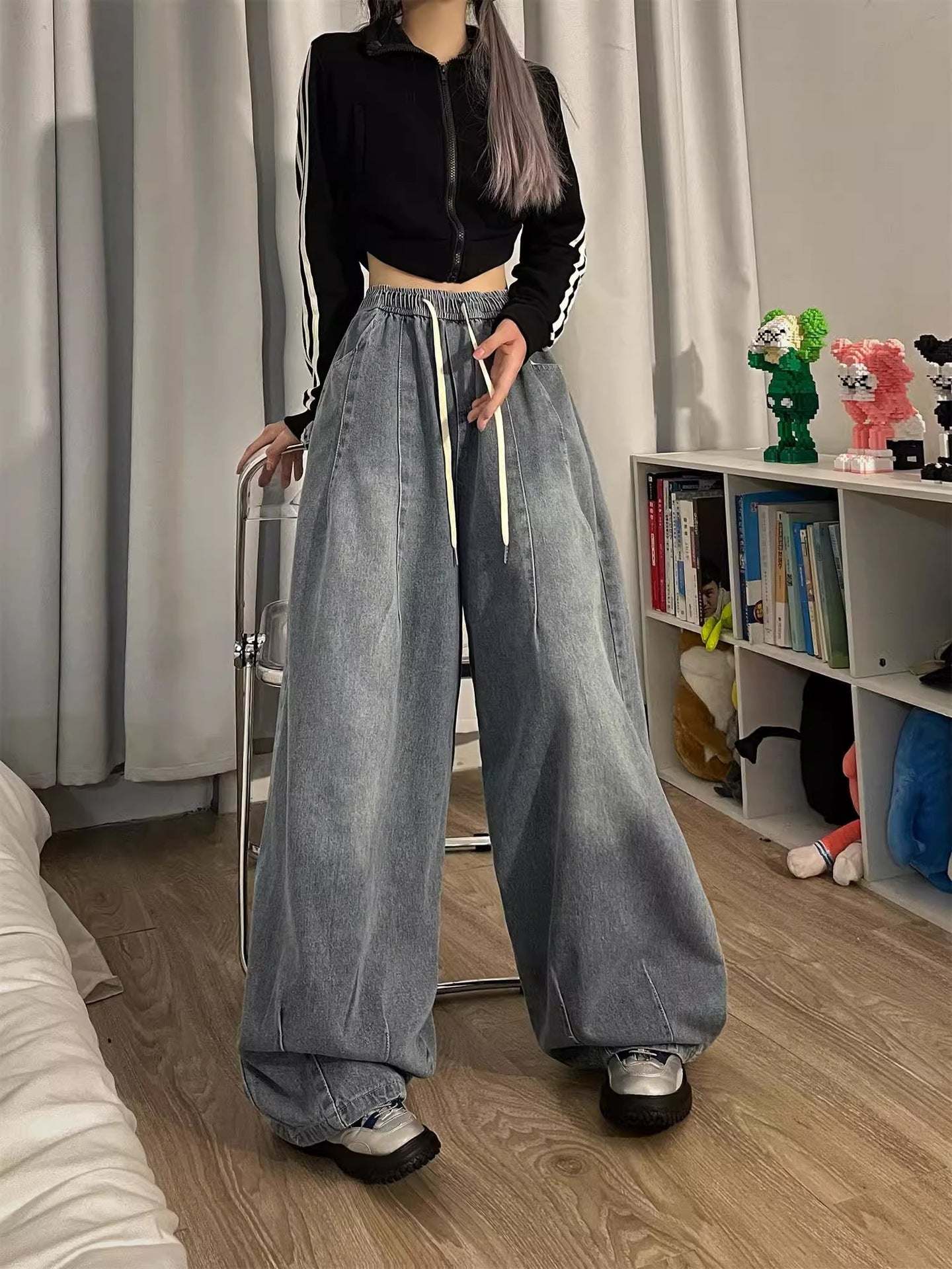 Playful Vintage Baggy Jeans for Women - Elastic Waist Oversized Denim