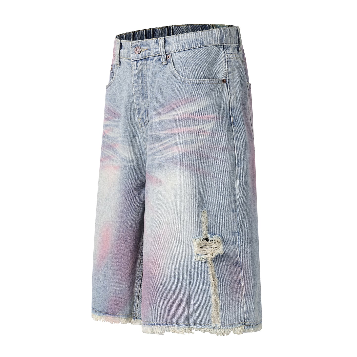 Distressed Washed Unique Design Seven-Quarter Denim Shorts