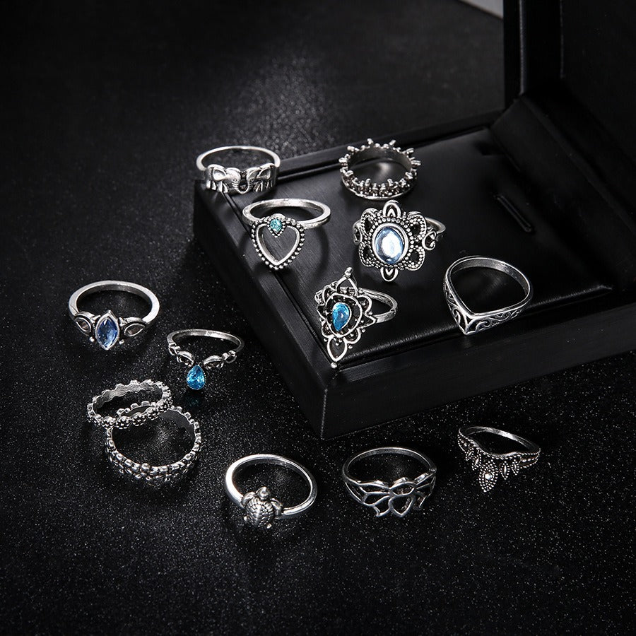 Vintage Diamond Carved Crown Starry Sky Ring Set