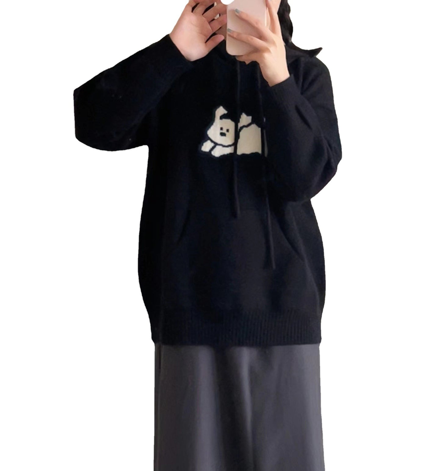 Cute Cartoon Hooded Sweater Knitted Sweater - Loose Pocket Overlapping Sweater