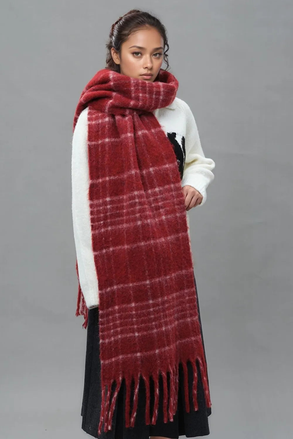 Fringe Plaid Thermal Scarf - Harajuku Style