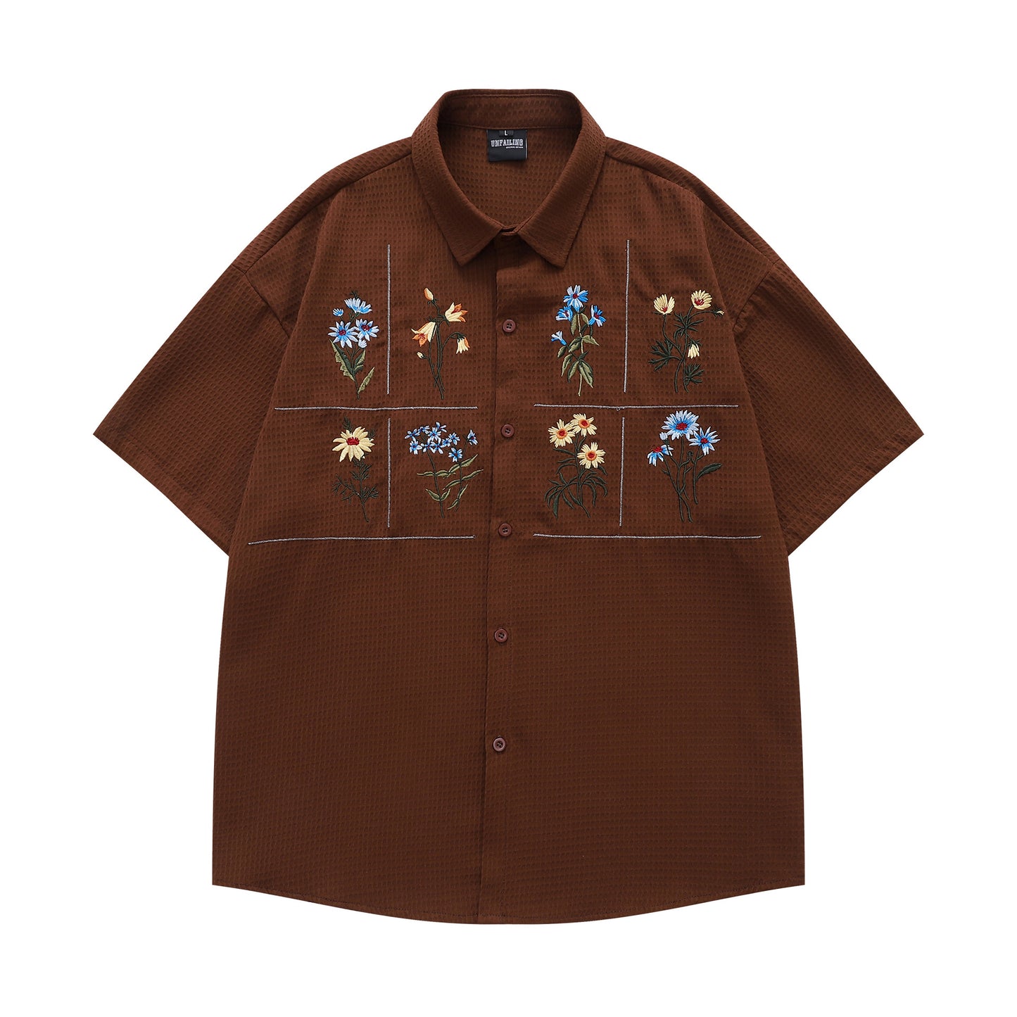 Floral Embroidery Waffle Short Sleeve Shirt