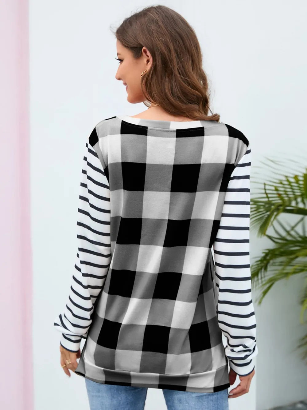 Harajuku Style Plaid Striped Round Neck Long Sleeve T-Shirt