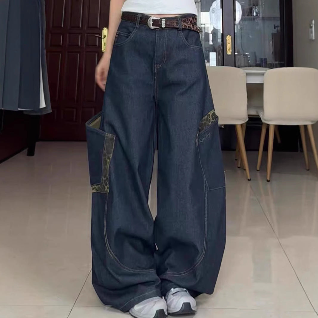 Retro Leopard Print Patchwork Curved Jeans