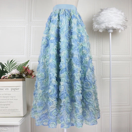 Playful 3D Blue Rose Tulle Midi Skirt - Harajuku Style