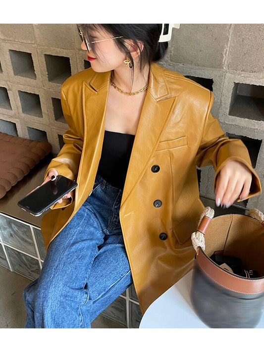 Playful Yellow PU Leather Oversized Blazer for Women