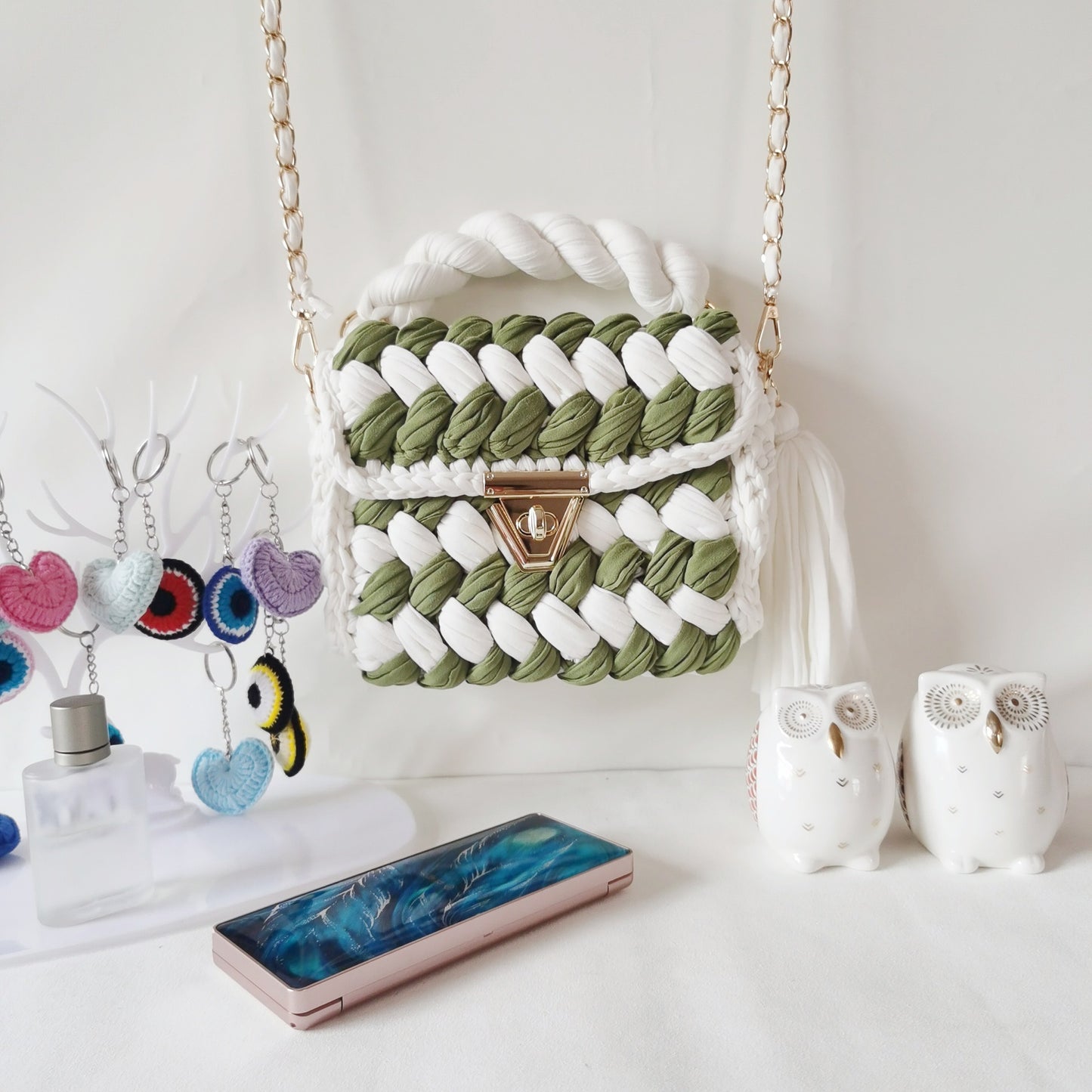 Harajuku Chic Hand-Woven Crossbody Bag with Chain
