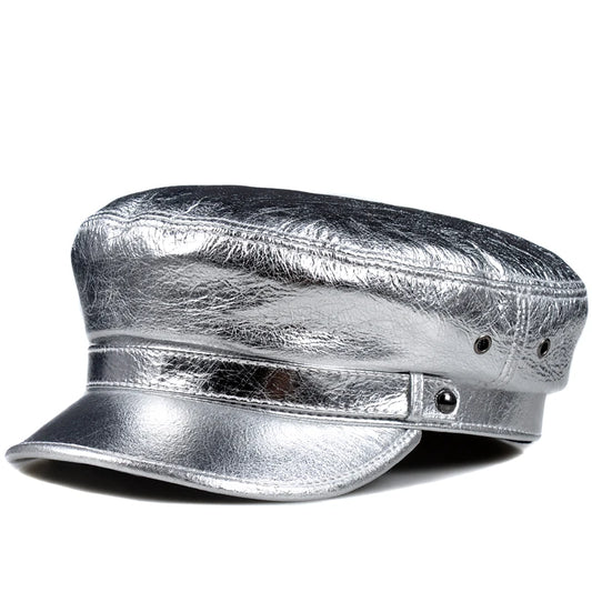 Spring Unisex Flat Top Genuine Leather Navy Hat