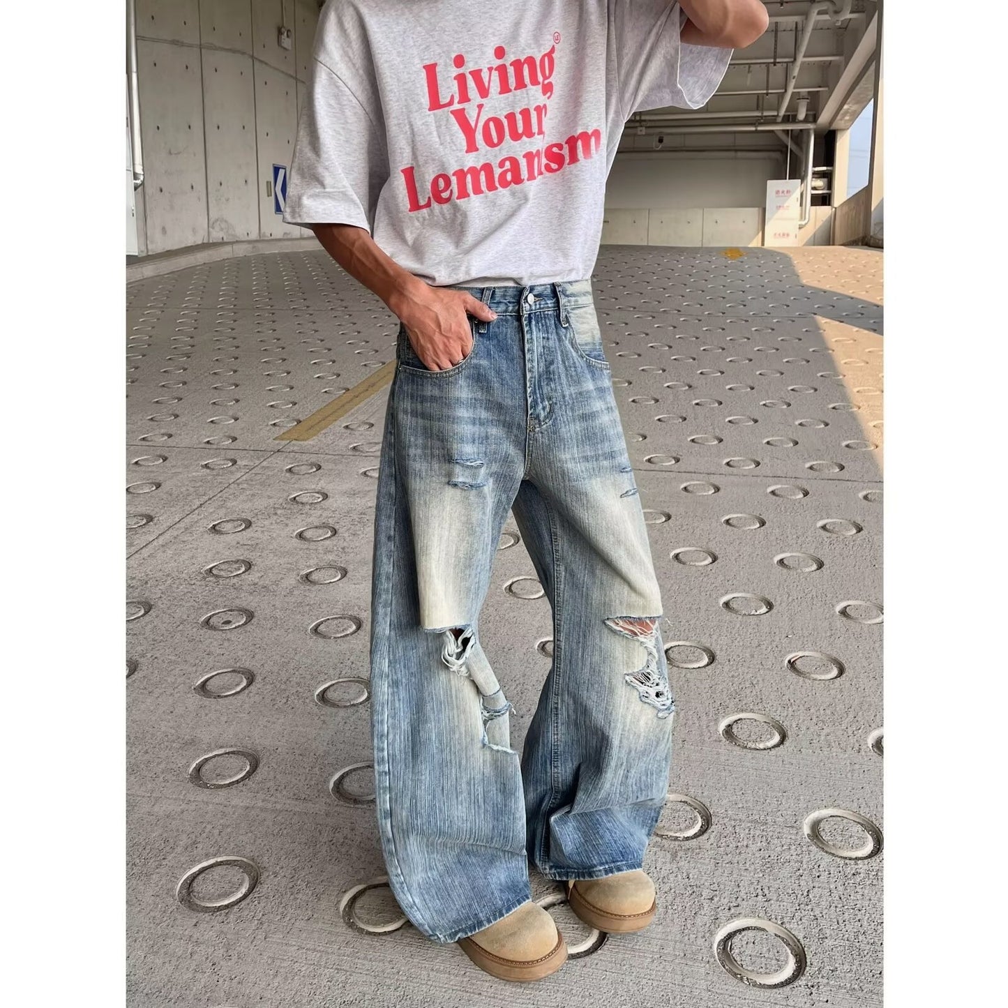Playful Distressed Denim Wide Leg Pants