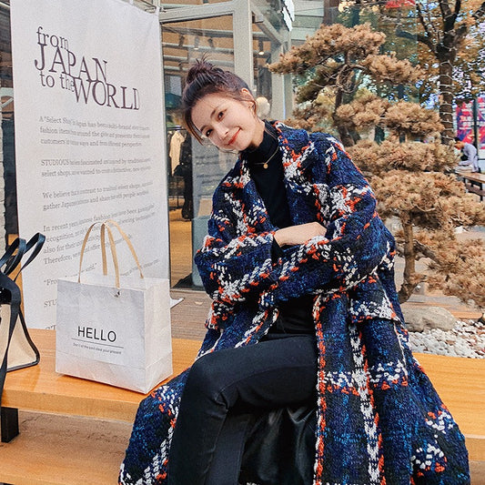 Mid-Length Plaid Woolen Overcoat for Women