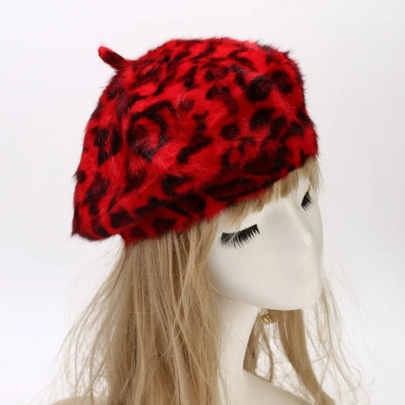 Leopard Print Rabbit Fur Beret - Playful Harajuku Hat
