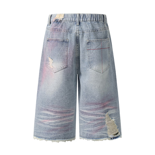 Distressed Washed Unique Design Seven-Quarter Denim Shorts