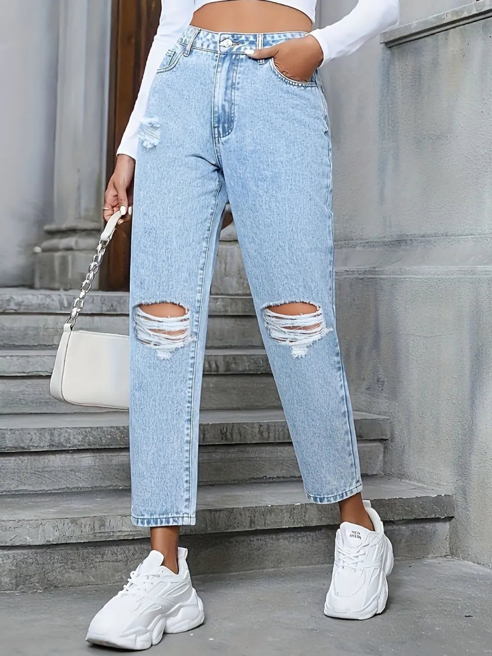 Harajuku Distressed High Rise Jeans with Pockets