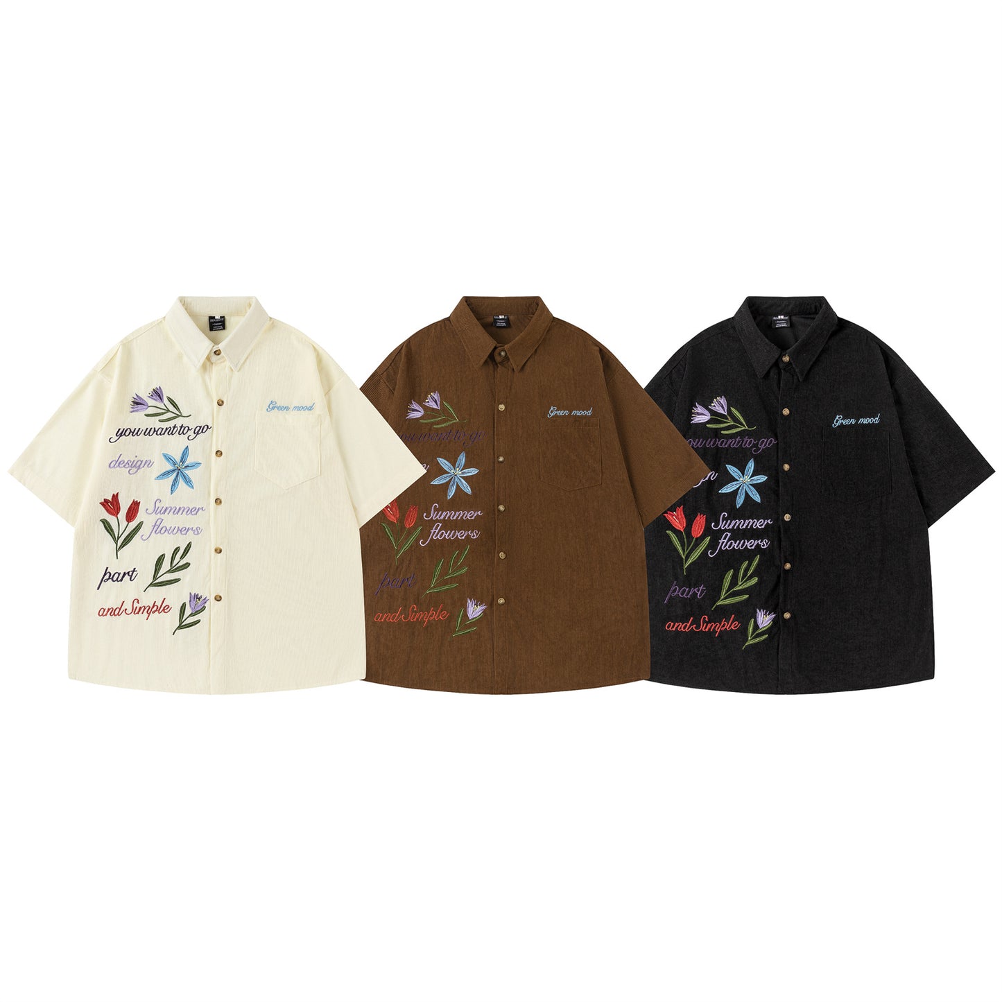 Retro Floral Embroidery Corduroy Short Sleeve Shirt
