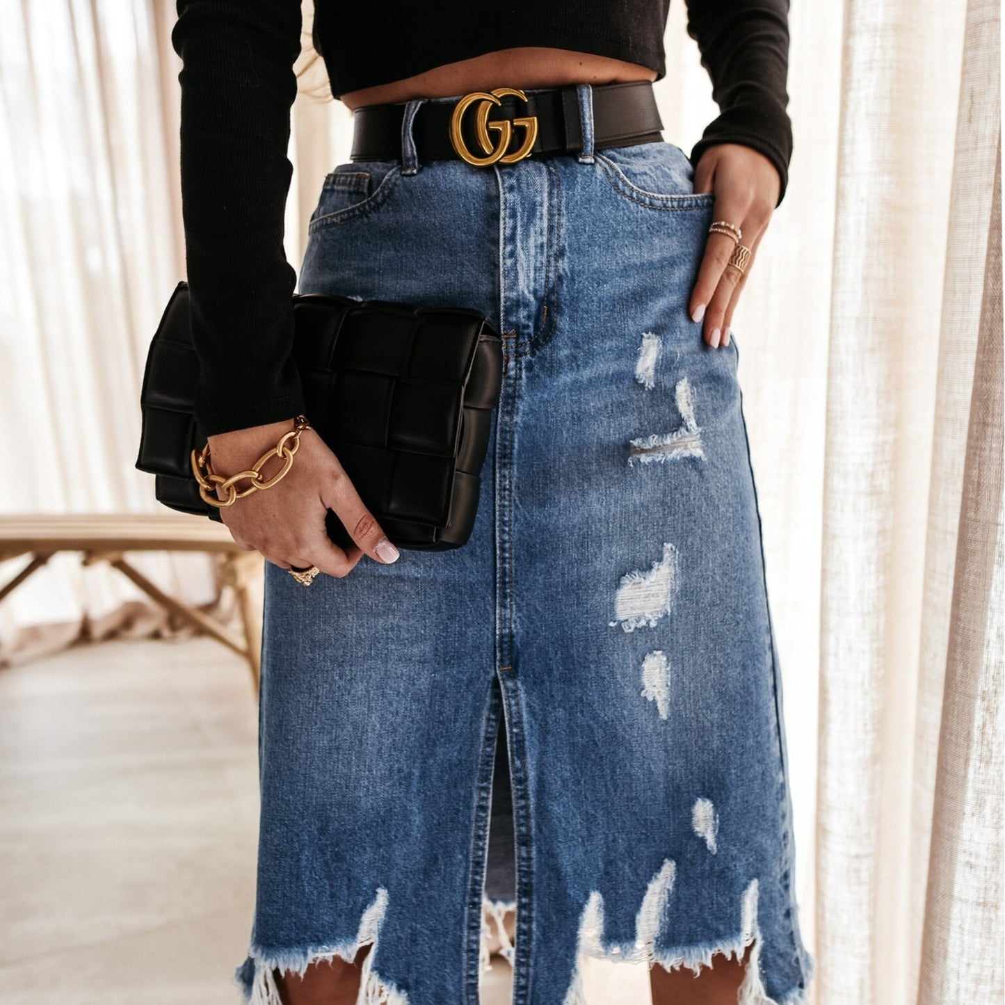 Chic Harajuku Women's Ripped Denim Skirt with Tassels