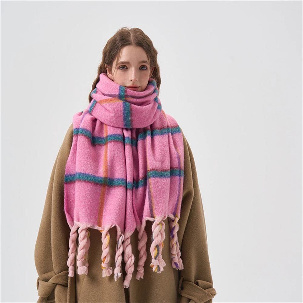Dopamine Pink Plaid Knotted Tassel Scarf